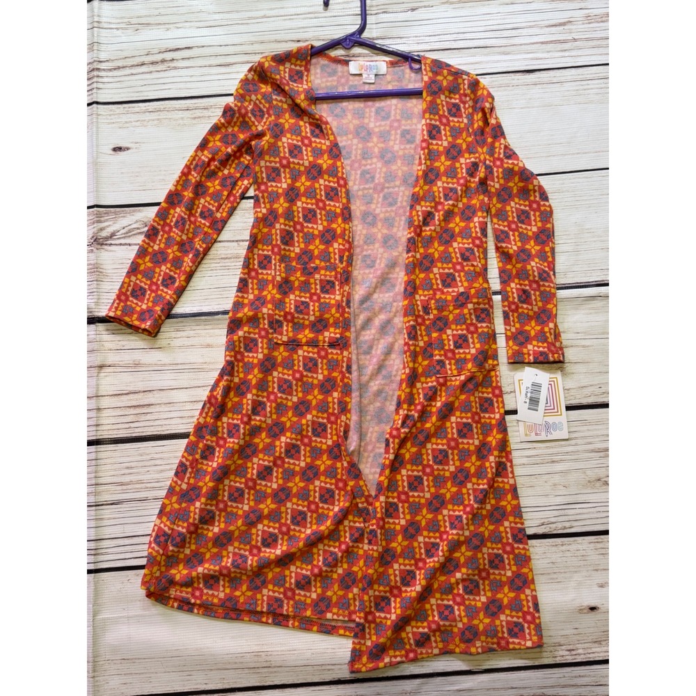 LuLaRoe Kids Sarah Long Cardigan Red Orange Geometric Tribal Print Size 8 NWT‎